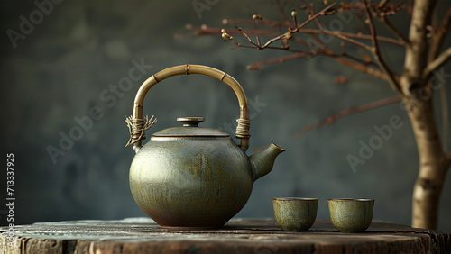 Japanese teapot and tecups on the table, traditional style photo