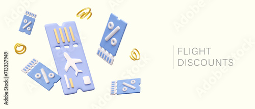 Concept of flight discounts. Poster with realistic air tickets and flying coupons with discounts. Travel tour sale promotion. Vector illustration in 3d style with place for text