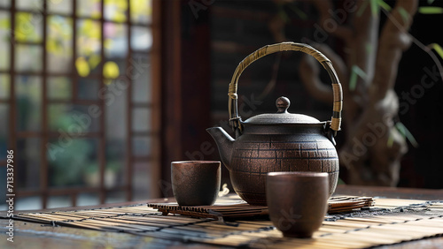 Japanese teapot  on the table, traditional style 