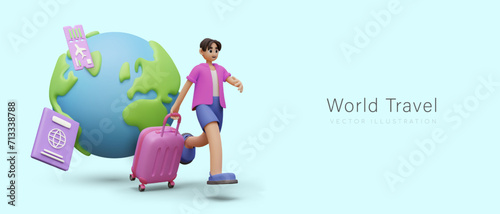 World travel concept. Happy cartoon male holding trolley bag and running to airport. Realistic planet Earth and flying passports. Vector illustration in 3d style