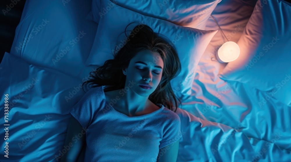 Woman Resting in Bed Under a Lamp Battling Insomnia Generative AI Woman Resting in Bed Under a Lamp Battling Insomnia Generative AI