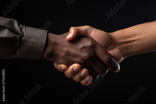 Close up shaking hand on black background. Collaboration and teamwork concept. Generated AI