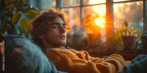 Young man lying on balcony at sunset