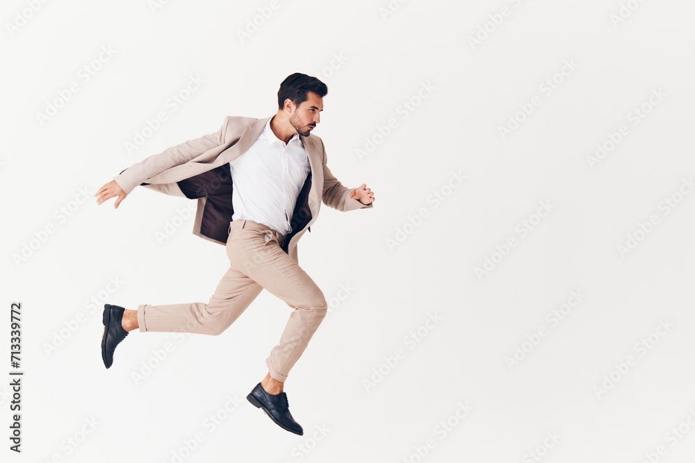 happy man suit beige person businessman smiling victory running winner business