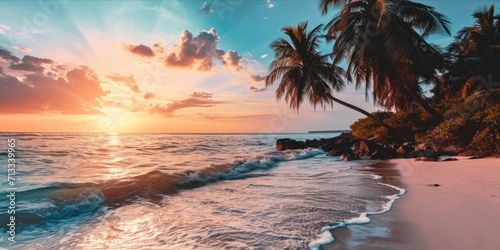 Tropical sunset on the beach. Seascape with palm trees