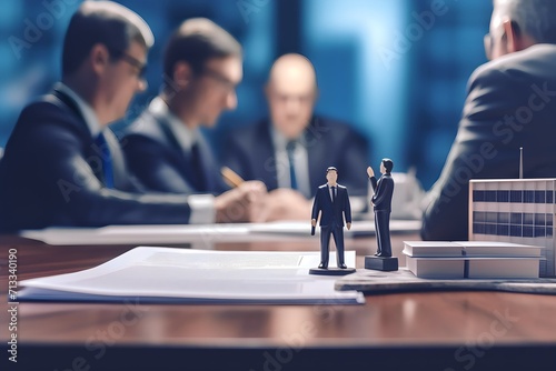 focus on documents on politician's desk with blurred background of businessman talking in conference room