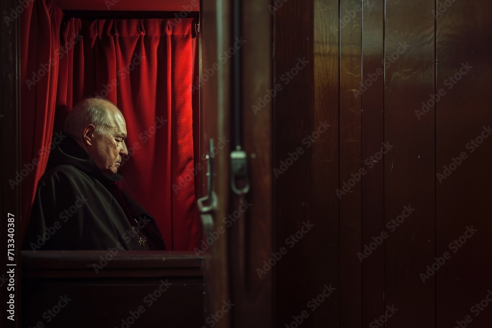 Naklejka premium Engaged Priest Hearing A Person's Confession In A Confessional Booth