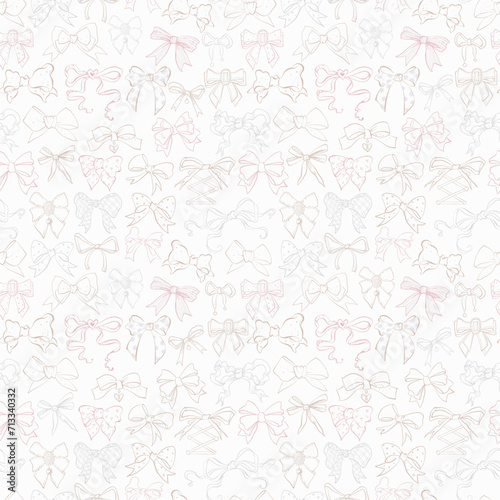 Seamless pattern featuring hand-drawn doodle bow ties in various styles and shapes in pastel colors. Suiitable for stylish and elegant textile or paper designs.