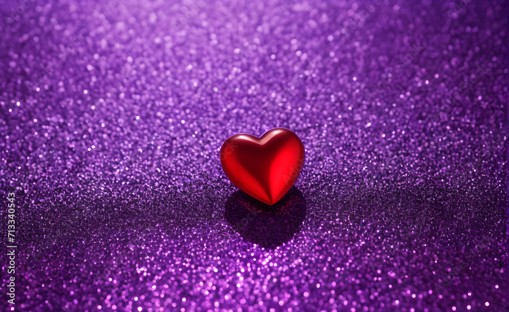 A small red heart on a sparkling soft purple background. Generative AI A small red heart on a sparkling soft purple background. Generative AI