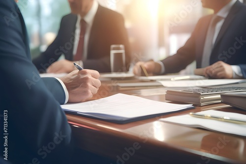 focus on documents on politician's desk with blurred background of businessman talking in conference room