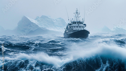 Modern Antarctic research vessel navigating through rough, icy seas, and icebergs with waves crashing, showcasing challenges of Antarctic exploration © Lalida