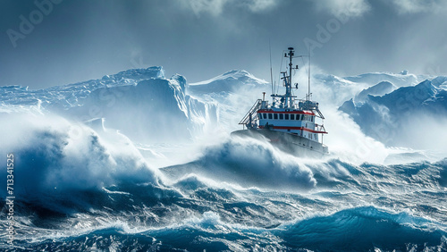 Modern Antarctic trawler navigating through rough, icy seas, and icebergs with waves crashing the hull