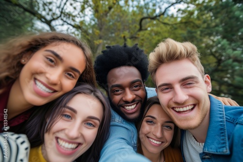 Diverse Group Of Friends Happily Taking Memorable Selfie Outdoors Together