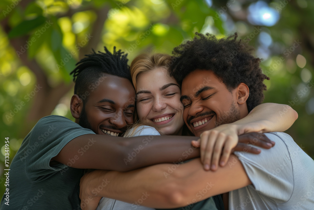 Friends Of Diverse Backgrounds Embrace In Park, United In Charitable Efforts Friends Of Diverse Backgrounds Embrace In Park, United In Charitable Efforts