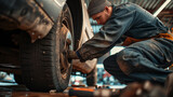 Auto mechanic in uniform replacing a tire on a vehicle inside a professional service garage..