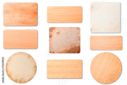 collection of empty old and new boards, round, square, rectangular templates for layout. separate dirty torn clean pieces of treated and untreated plywood