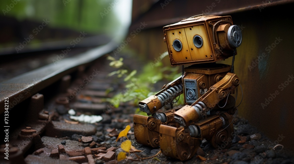 An abandoned and desolate robot, covered in rust, sitting alone on a decaying metal staircase, lost in mechanical sorrow -Generative Ai An abandoned and desolate robot, covered in rust, sitting alone on a decaying metal staircase, lost in mechanical sorrow -Generative Ai