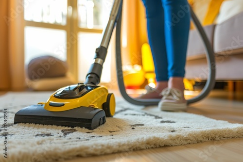 Maintaining Cleanliness And Tidiness: Housewife's Cleaning Routine With A Vacuum Cleaner