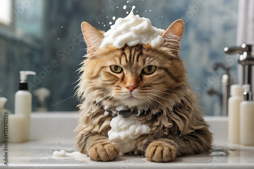 A funny cat with shampoo foam on his head sits in the bathroom.