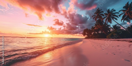 Panoramic view of beautiful sunset tropical beach with palm trees and pink sand 