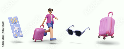 Set of 3D illustration for travel concept. Airline ticket with perforation, suitcase, sunglasses, male character in hurry with luggage. Isolated objects in cartoon style