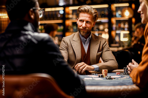 A stylish man sits at a casino poker table, smiling with chips in hand, surrounded by players in a luxurious setting.