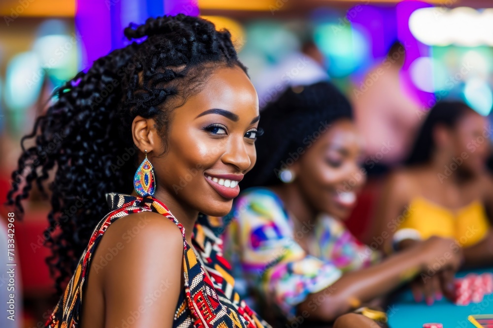 A beautiful smiling African woman dressed in colorful traditional wear, enjoying a social gathering with friends in a lively setting.