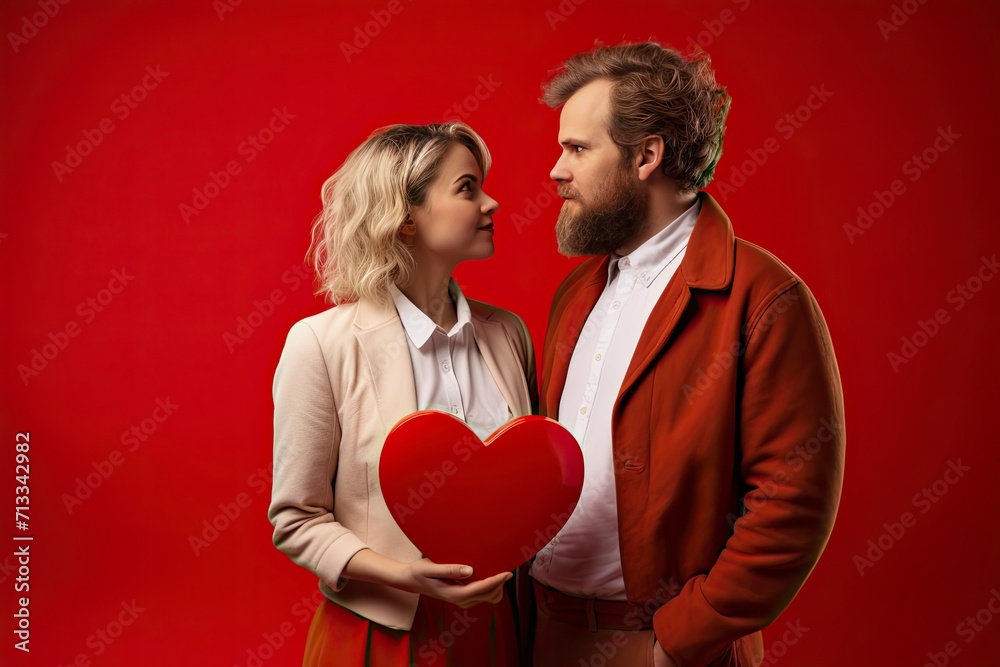 st valentines day concept. Loving couple on red background, free space for editing generative AI