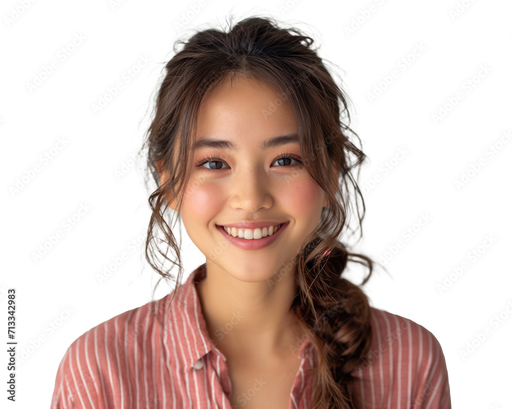 Excited Asian woman wear a red striped shirt Showing Blank Space Aside Over White Background, Excited Asian woman wear a red striped shirt Showing Blank Space Aside Over White Background,