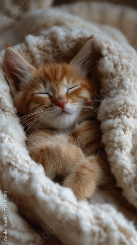 Picture the epitome of comfort and contentment: a tiny, fuffy kitty  photo