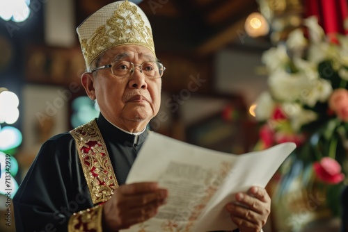 Traditional Attire-Wearing Senior Priest Poses With Church Wedding Ceremony Document photo