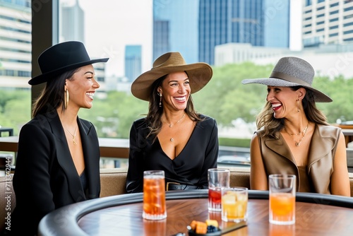 Three stylish women laugh and chat, enjoying drinks at an outdoor city terrace in trendy hats.