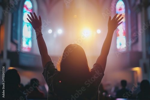 Woman Worships With Raised Hands In Church, Humbly Praying To God photo