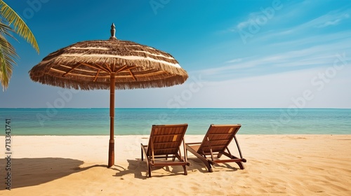 An umbrella from the sun and two deckchairs on the sandy coast