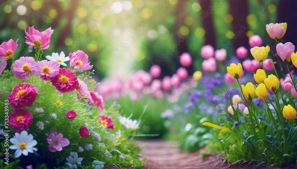 Colorful flowers in the garden, spring gardening background. Green trees with sunlight in background