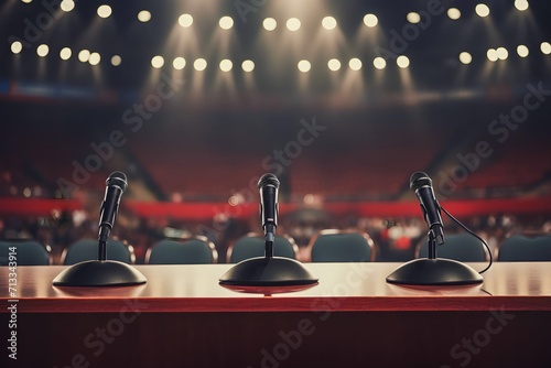 Press conference table with microphones equipment, empty chairs. Interview speech mass media event, news report presentation broadcasting