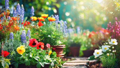 Fototapeta Naklejka Na Ścianę i Meble -  Colorful flowers in the garden, spring gardening background