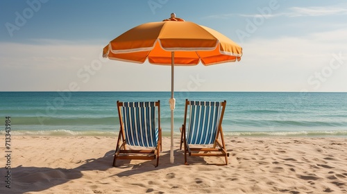 An umbrella from the sun and two deckchairs on the sandy coast © Svitlana