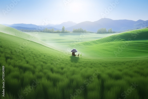 A farmer in a large rice field © amirhamzaaa