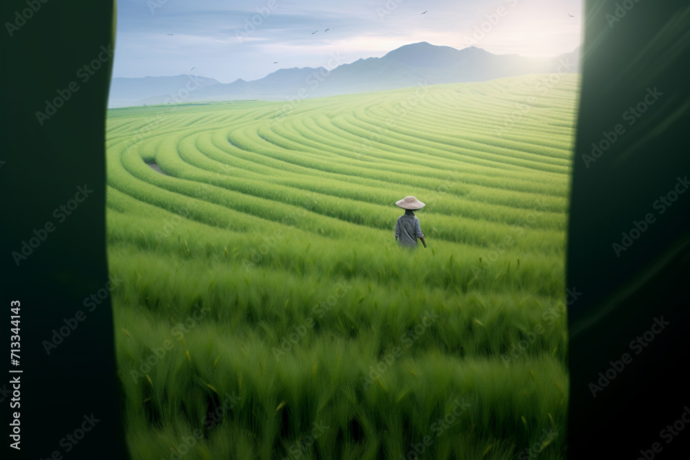 Fototapeta premium A farmer in a large rice field