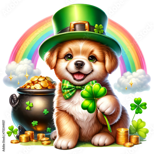 Cute Dog in leprechaun green hat, Pot of gold coins and green leaf lucky clover Watercolor Clipart Transparent Background. St Patrick's Day Clipart