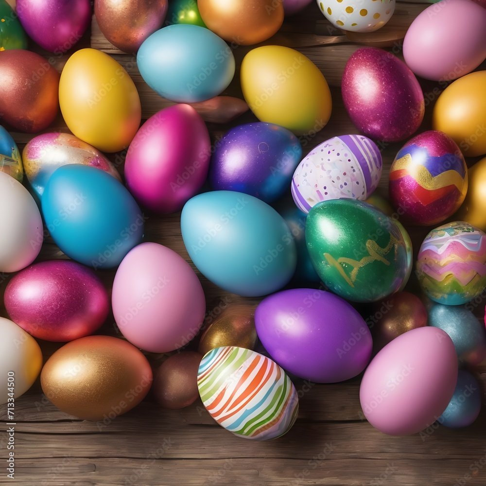 Colorful painted Easter eggs on wooden background. Happy Easter