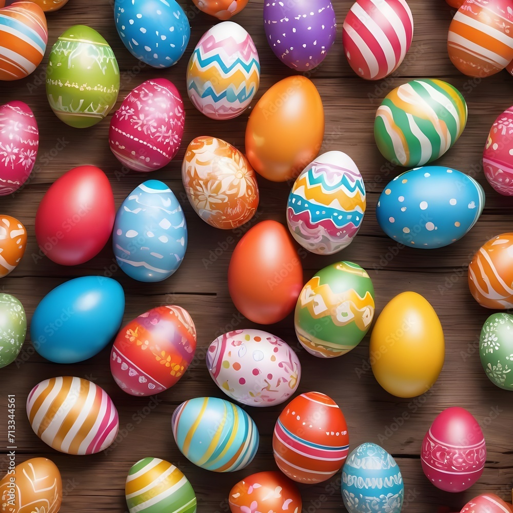 Colorful painted Easter eggs on wooden background. Happy Easter