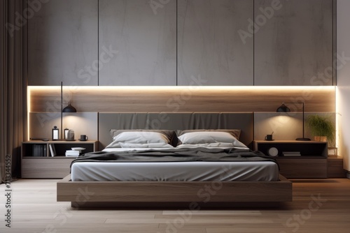 Minimalist bedroom with a platform bed, nightstands, and subtle lighting