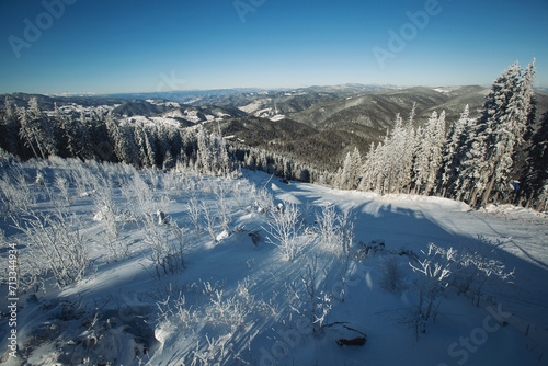 Winter landscape with snow covered trees in sunny frosty day with blue sky. snowy landscape in the mountains. Winter view of mountain peaks and forest covered with snow. Snowy forest with pine trees. 
