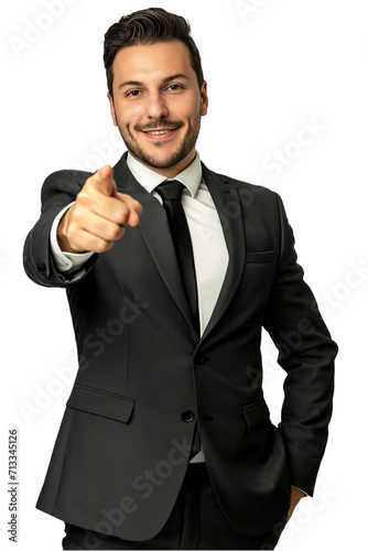 Confident Businessman in Suit Pointing Forward on Transparent Background