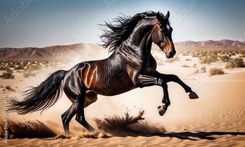 A horse gallops through the desert sand, kicking up dust. Its mane and tail flow in the wind