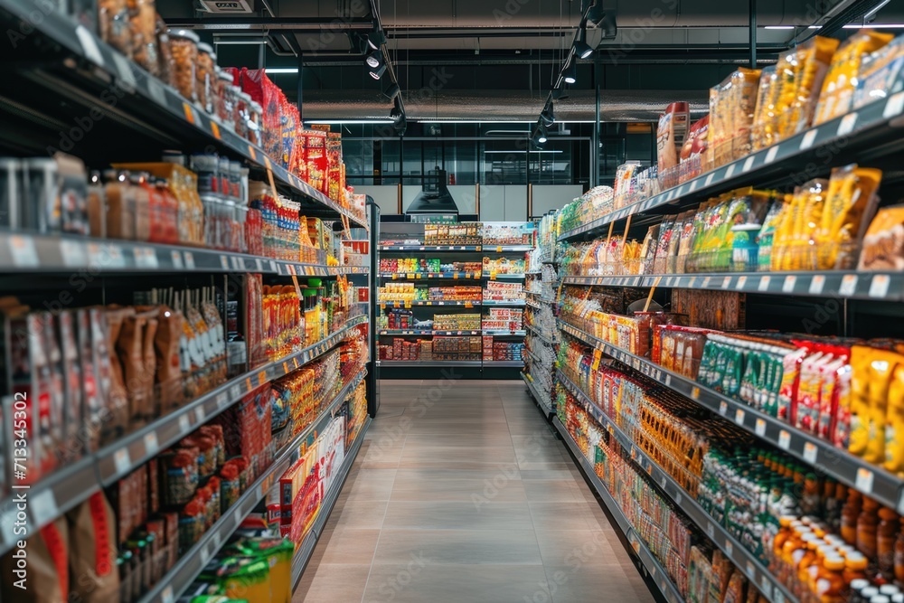 Interior of a supermarket with shelves filled with groceries