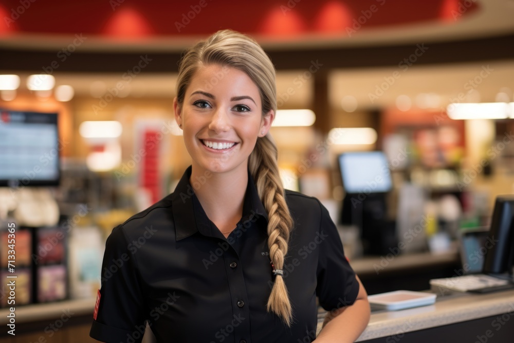 Portrait of a young cashier working in grocery store