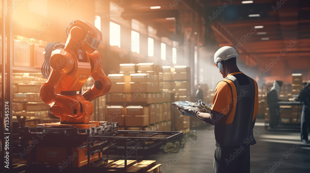 Robotics Operator An operator in a safety vest and helmet monitors a high-performance ...